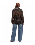 Meme Road-Cappottino Donna Animalier Doppiopetto con Frange Marroni