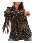 Meme Road-Cappottino Donna Animalier Doppiopetto con Frange Marroni