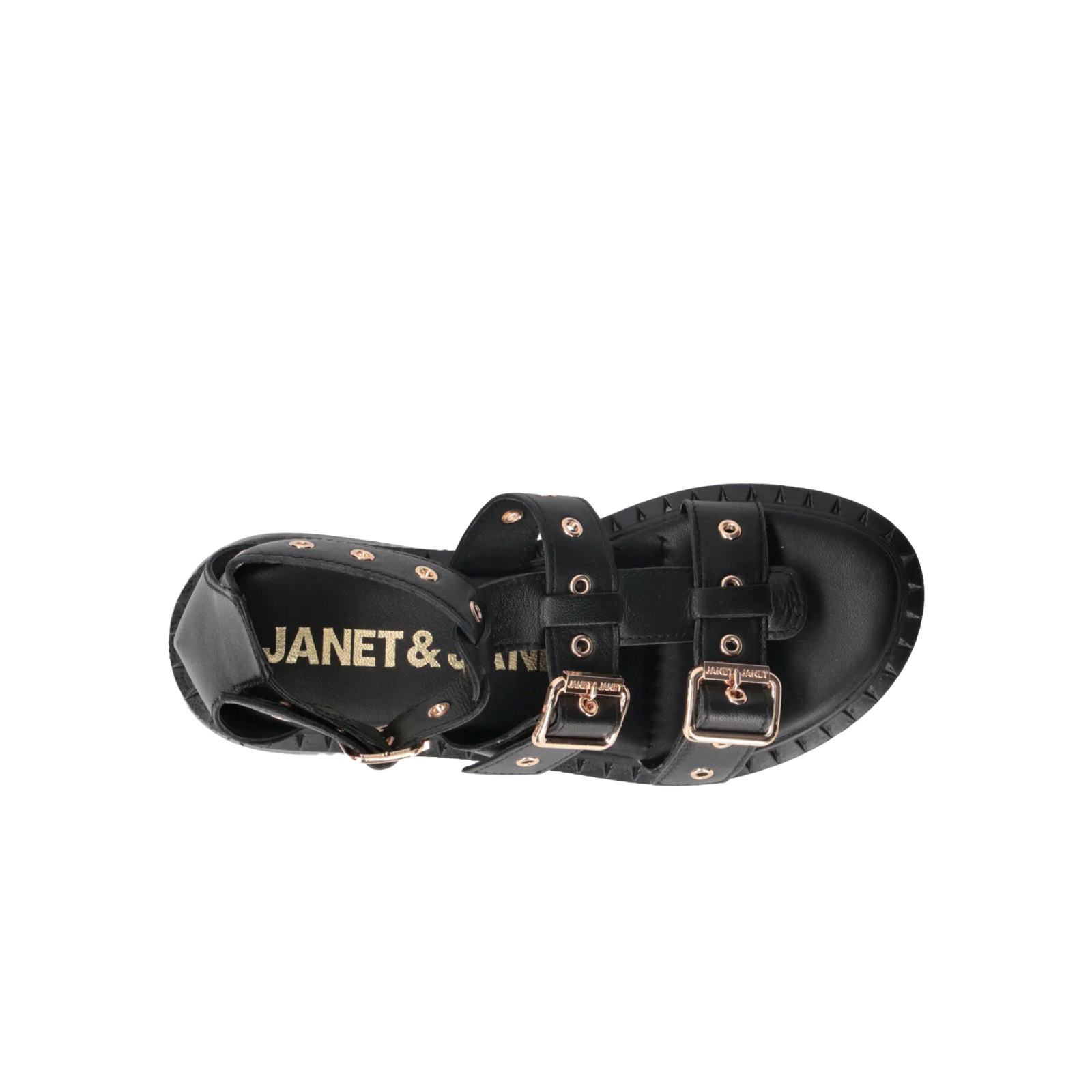 Janet &amp; Janet - Sandali Donna in Pelle Nera con Fibbie Regolabili Borchie Oro