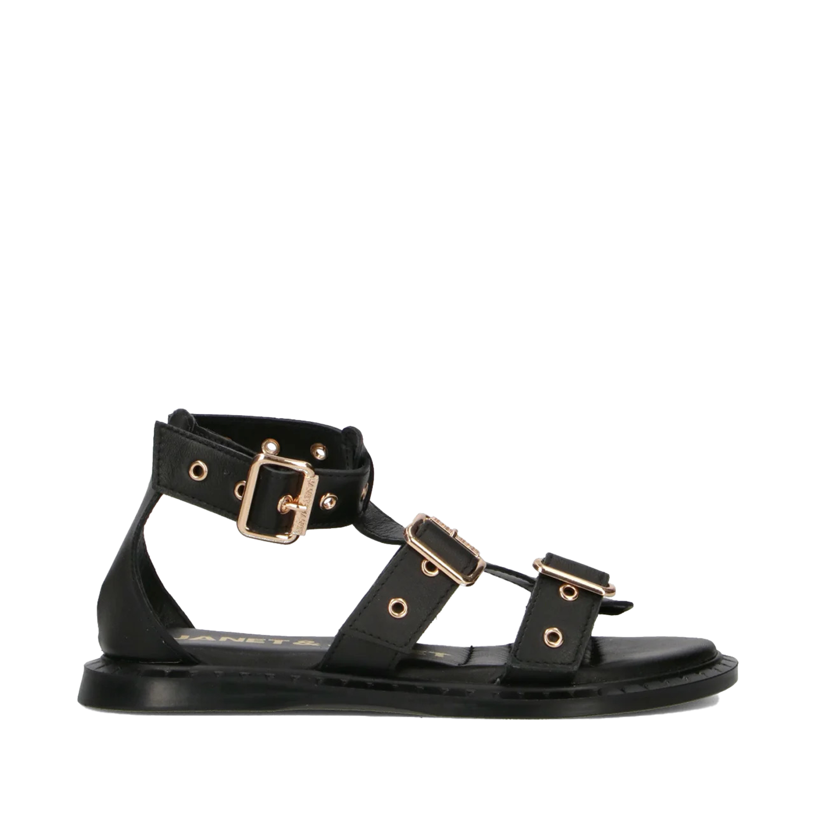 Janet &amp; Janet - Sandali Donna in Pelle Nera con Fibbie Regolabili Borchie Oro
