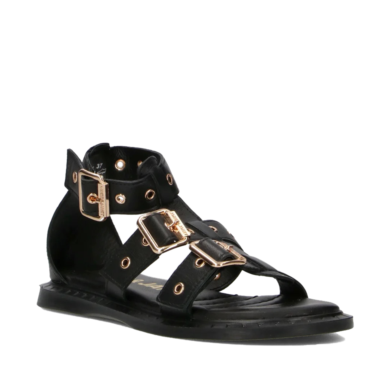 Janet &amp; Janet - Sandali Donna in Pelle Nera con Fibbie Regolabili Borchie Oro