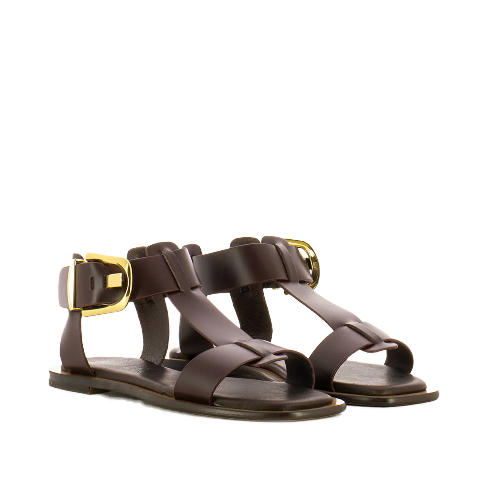 Sandali donna Bibi Lou in pelle marrone con fibbia oro e design minimal vista tre quarti