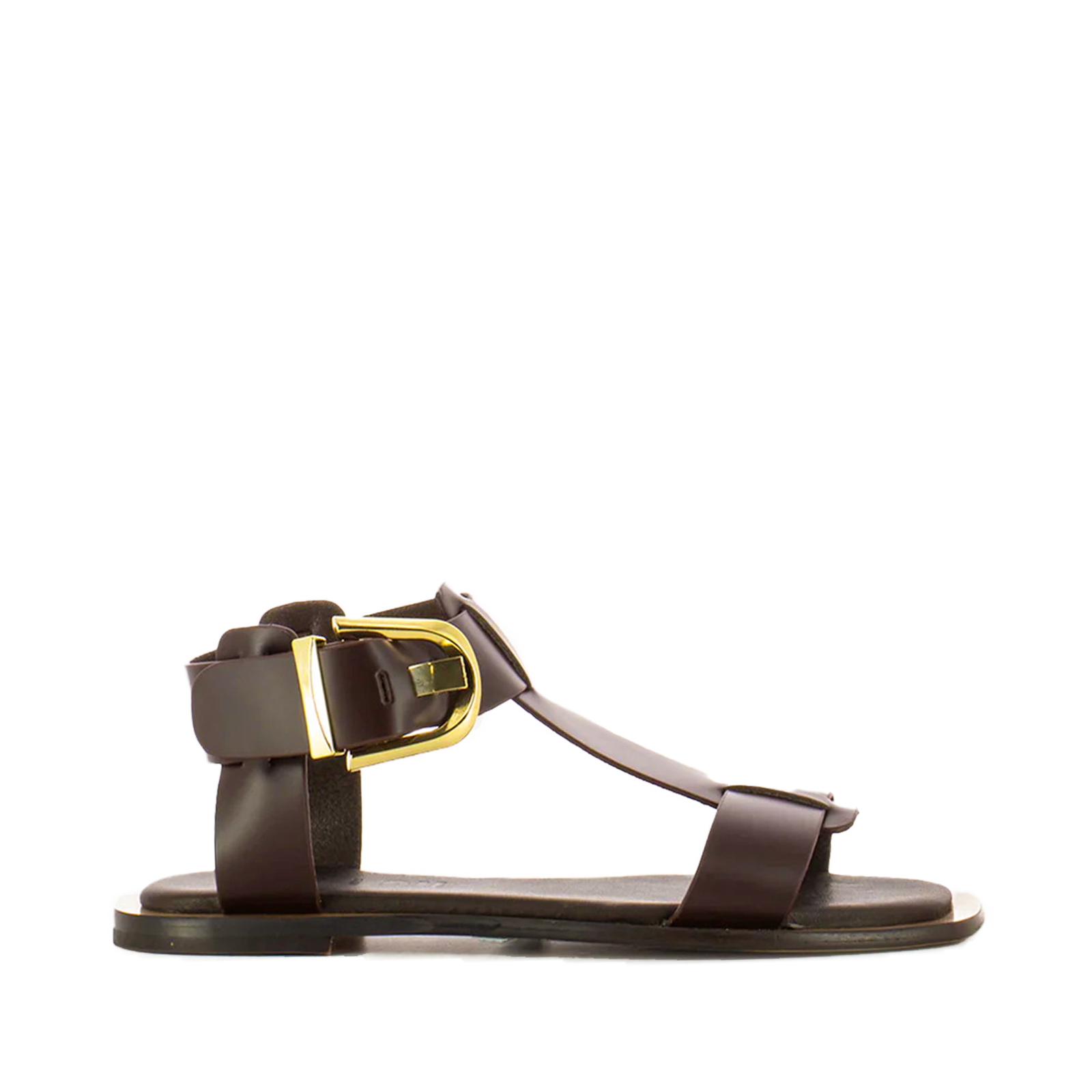 Sandali Bibi Lou in pelle marrone con cinturino a T e maxi fibbia oro vista laterale